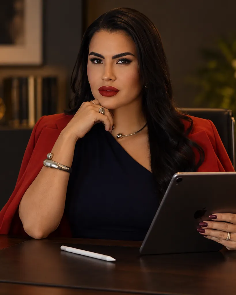 Dra. Eulayne Alves sentada à mesa do escritório, de blazer vermelho, segurando um tablet